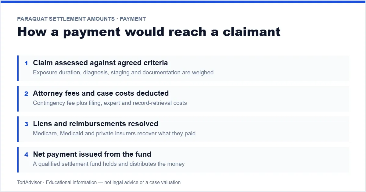 How a paraquat settlement payment would reach a claimant — allocation, fees, liens, net