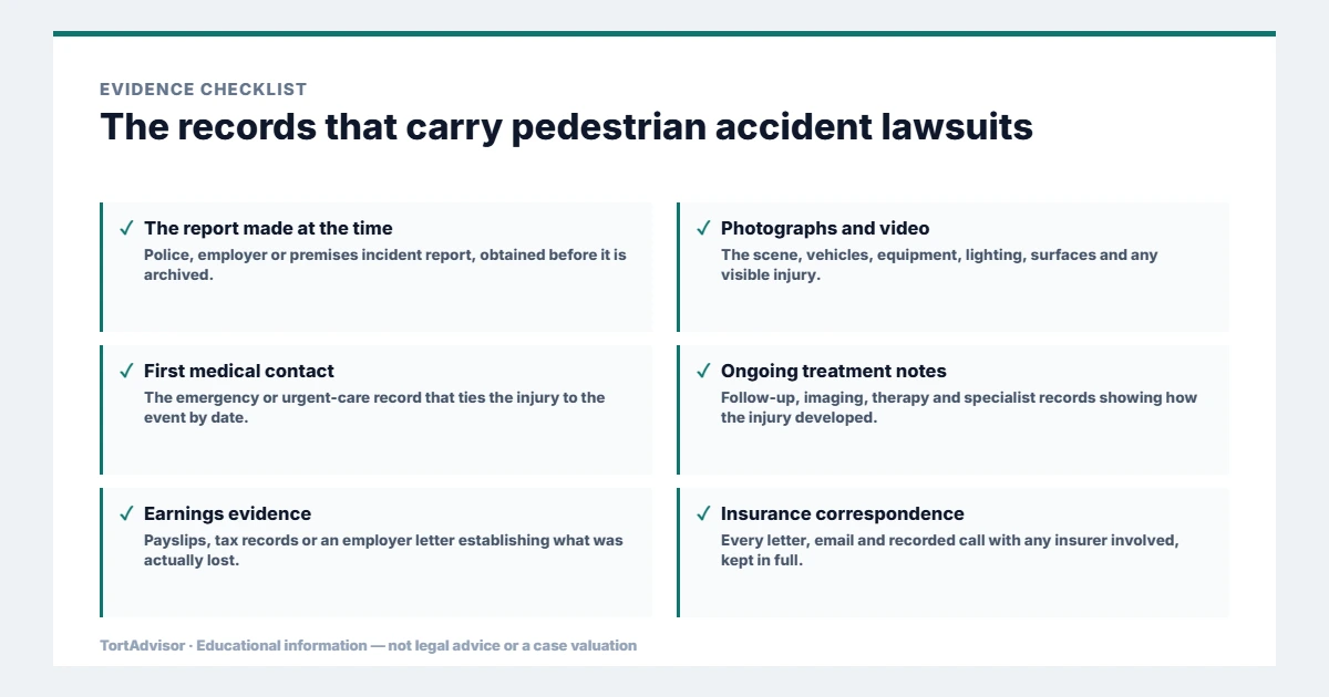 Evidence used in pedestrian accident lawsuits, from the primary record through medical documentation to regulatory data