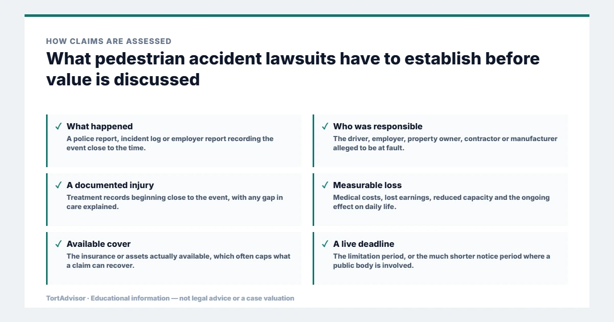What pedestrian accident lawsuits must establish before value is discussed, from the product or conduct through causation to the filing window