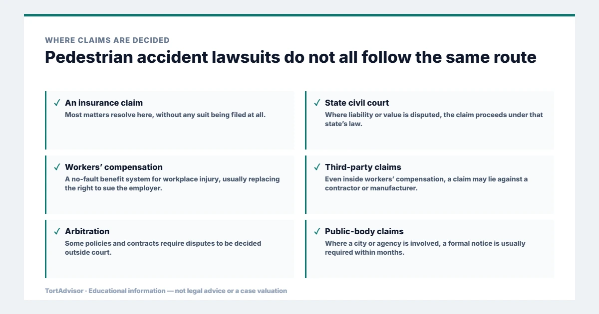 Where pedestrian accident lawsuits are decided, across federal, state, benefit and settlement routes