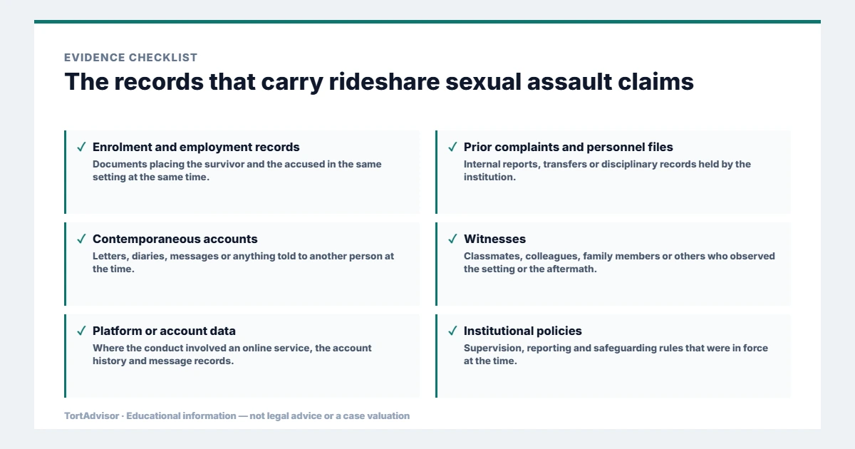 Evidence used in rideshare sexual assault claims, from the primary record through medical documentation to regulatory data