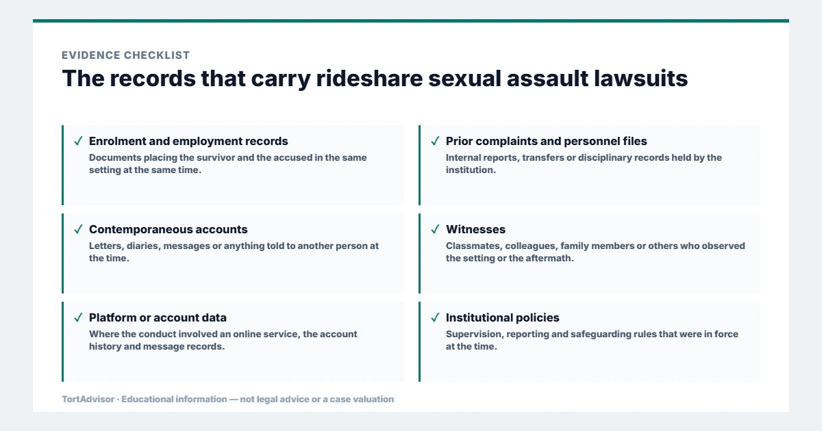 Evidence used in rideshare sexual assault lawsuits, from the primary record through medical documentation to regulatory data