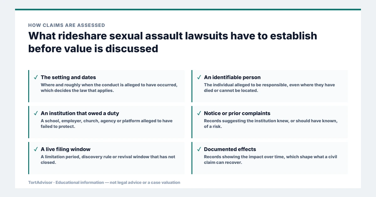 What rideshare sexual assault lawsuits must establish before value is discussed, from the product or conduct through causation to the filing window