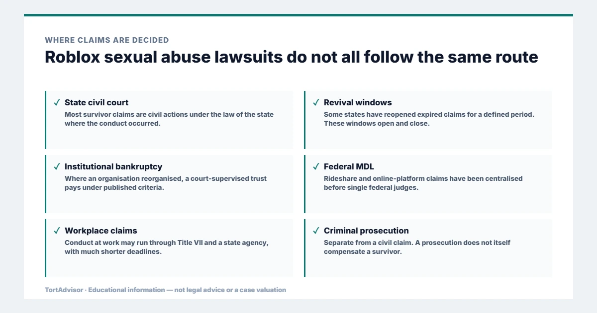 Roblox Lawsuit 2026: MDL 3166, Eligibility & Case Review 4 Where roblox sexual abuse lawsuits are decided, across federal, state, benefit and settlement routes