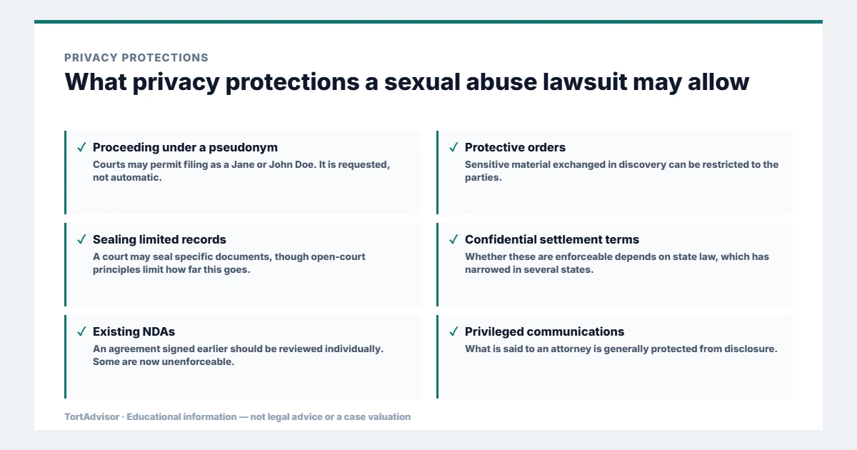 Privacy protections in a sexual abuse lawsuit: pseudonym filing, protective orders, sealing records, confidential settlement terms, existing NDAs and privileged communications