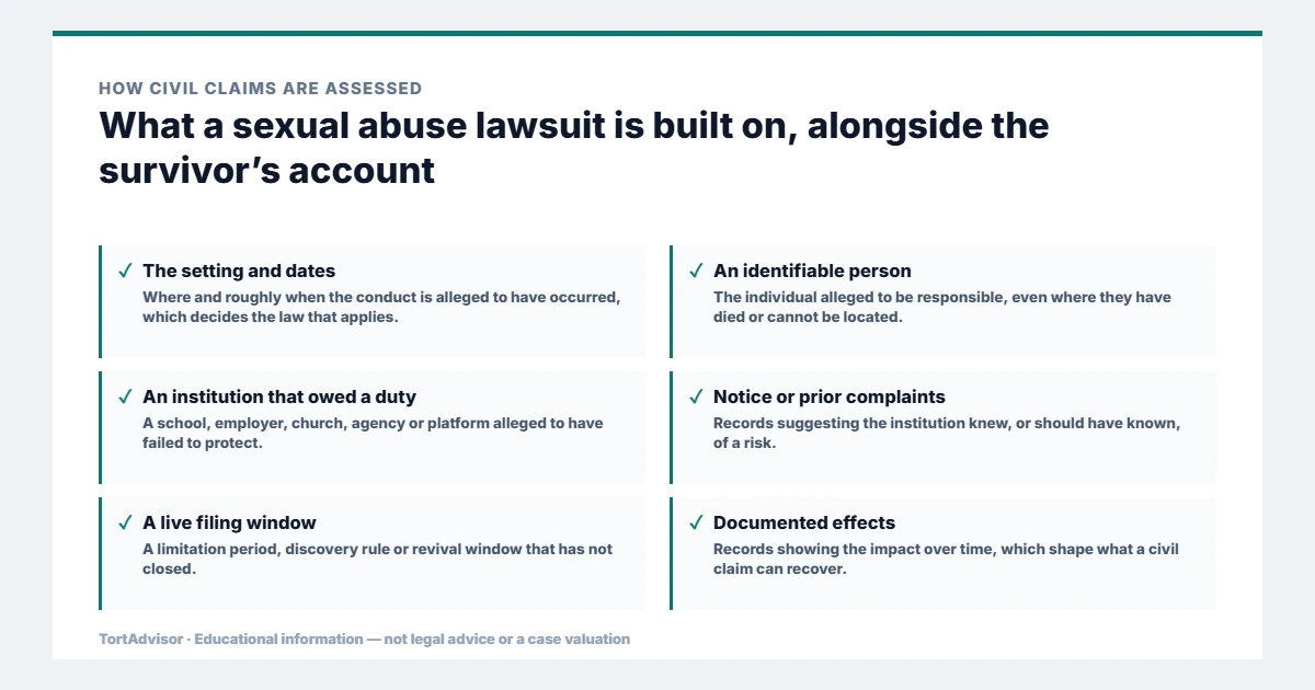 What a sexual abuse lawsuit is built on: setting and dates, an identifiable person, an institution that owed a duty, notice, a live filing window and documented effects