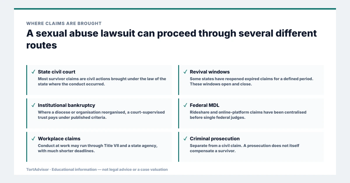 Where a sexual abuse lawsuit can be brought: state civil court, revival windows, institutional bankruptcy trusts, federal MDL, workplace claims and criminal prosecution