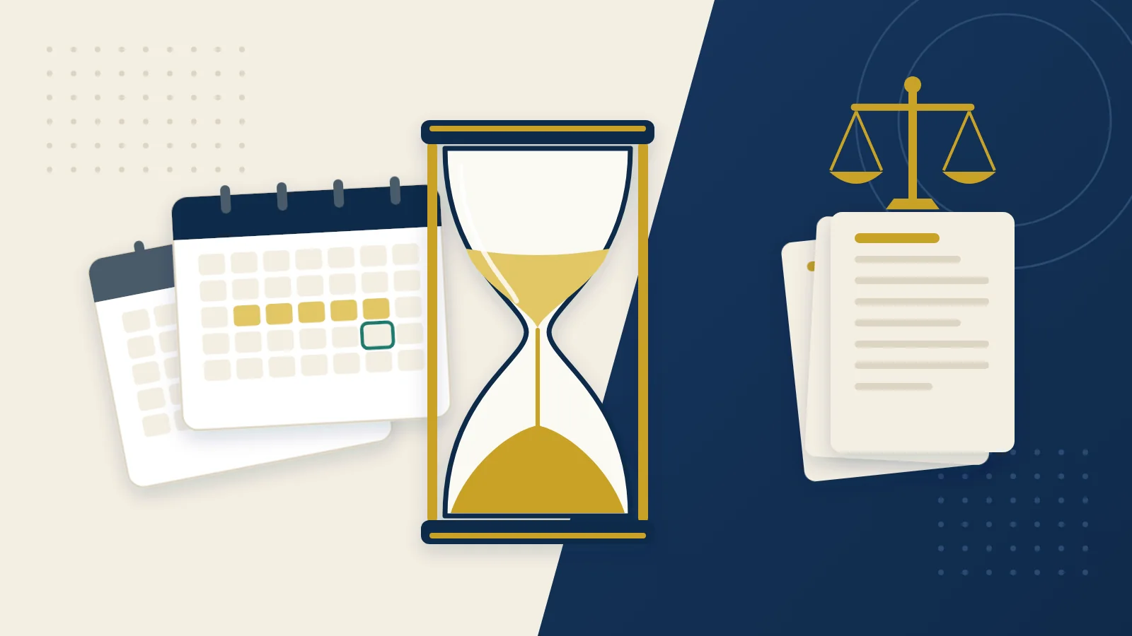 Illustration of an hourglass beside calendar pages and legal papers with scales of justice, representing the deadlines for filing sexual abuse claims