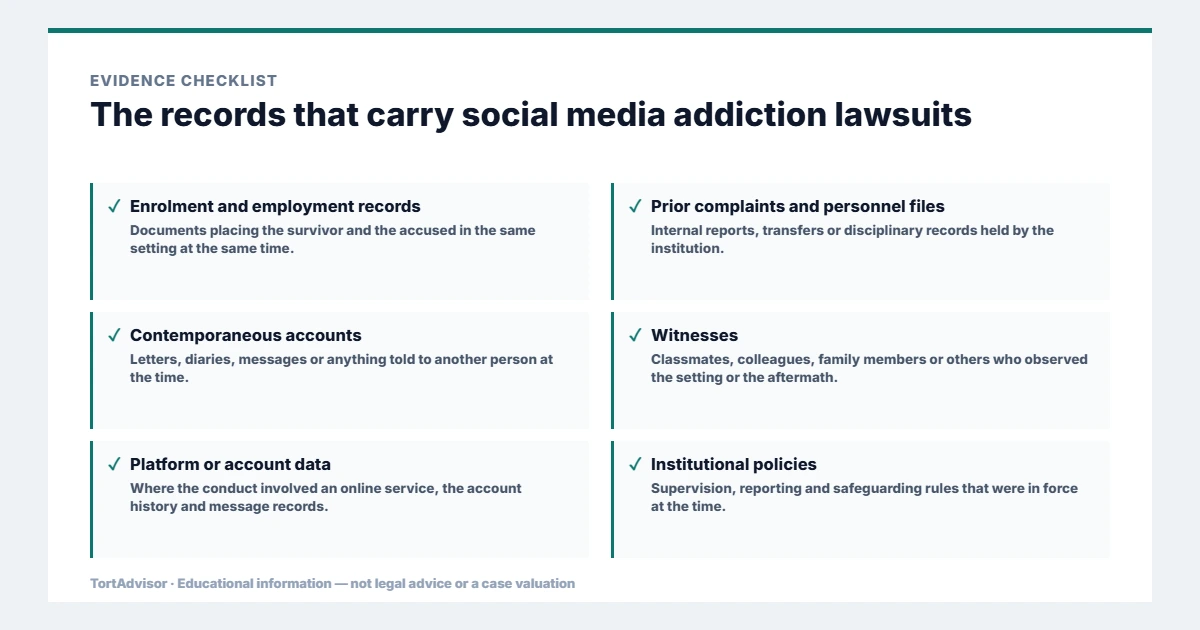Evidence used in social media addiction lawsuits, from the primary record through medical documentation to regulatory data