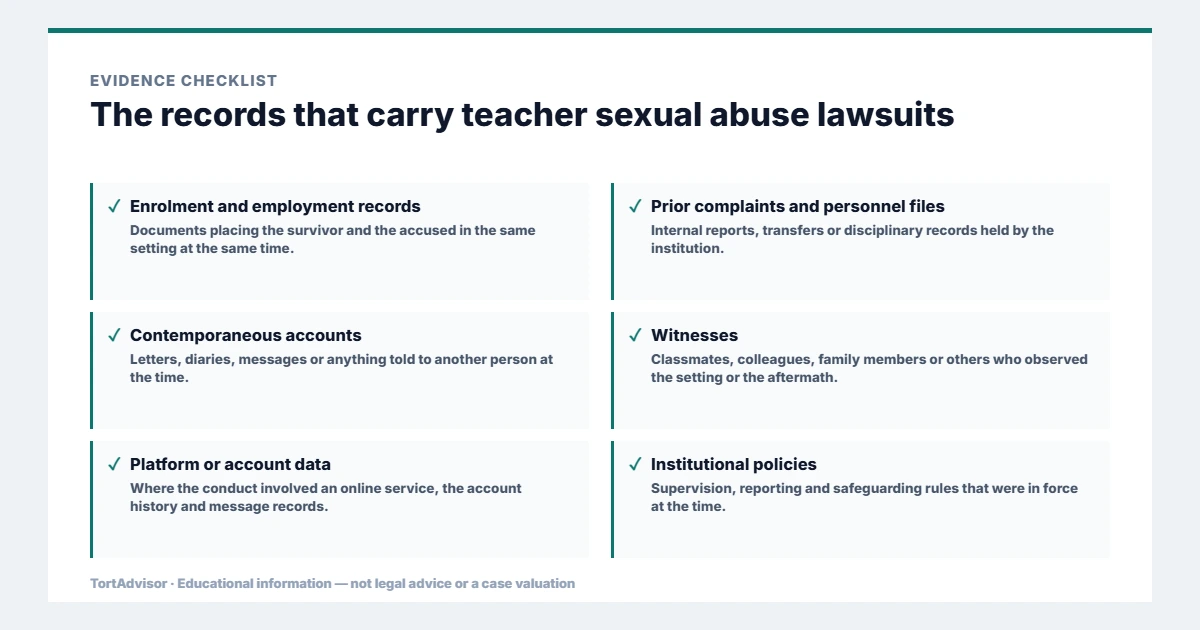 Teacher Sexual Abuse Lawsuit 3 Evidence used in teacher sexual abuse lawsuits, from the primary record through medical documentation to regulatory data