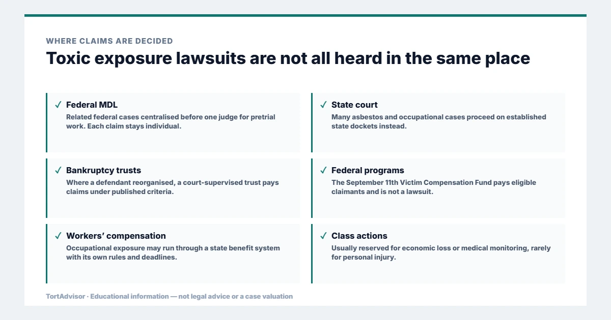 Where toxic exposure lawsuits are decided: federal MDL, state court, bankruptcy trusts, federal programs and workers compensation