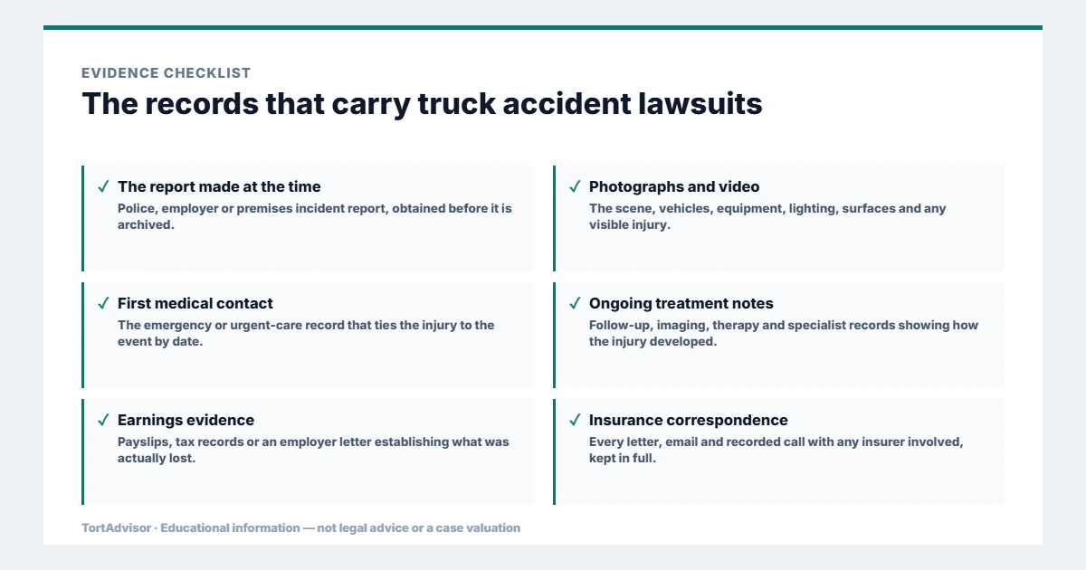 Evidence used in truck accident lawsuits, from the primary record through medical documentation to regulatory data