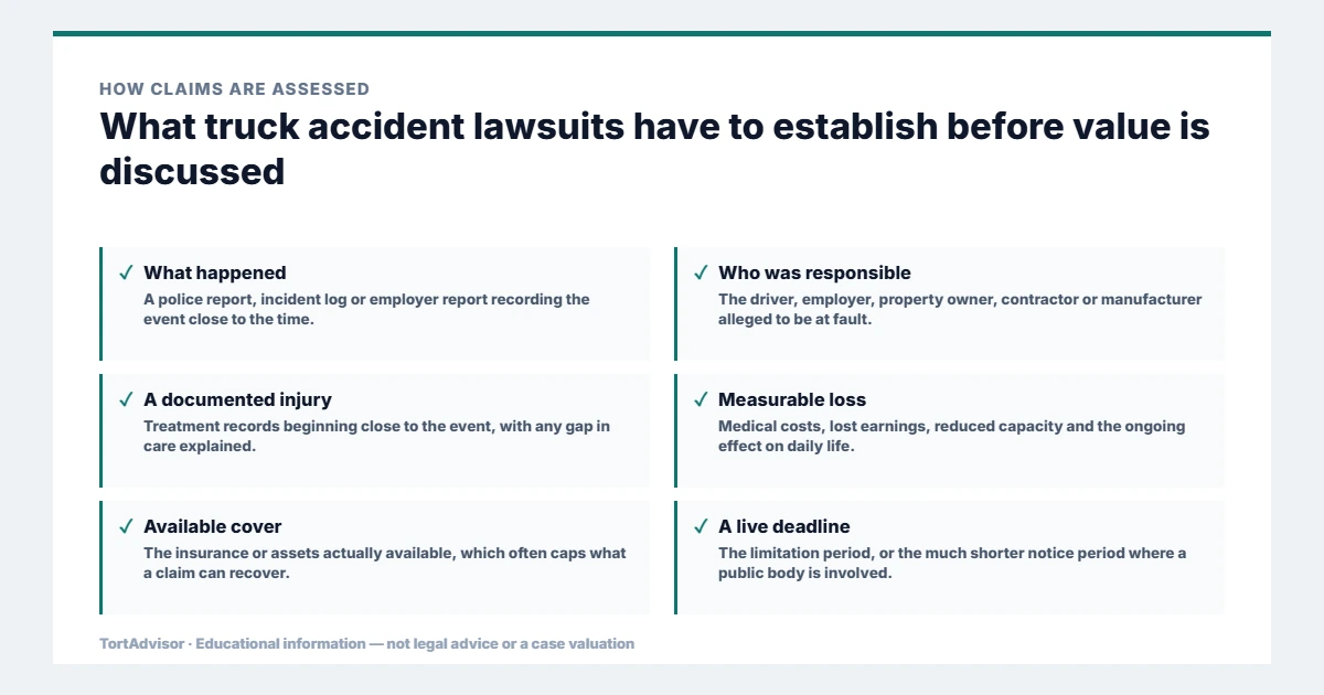What truck accident lawsuits must establish before value is discussed, from the product or conduct through causation to the filing window