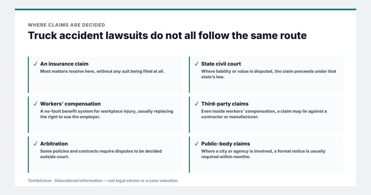 Where truck accident lawsuits are decided, across federal, state, benefit and settlement routes