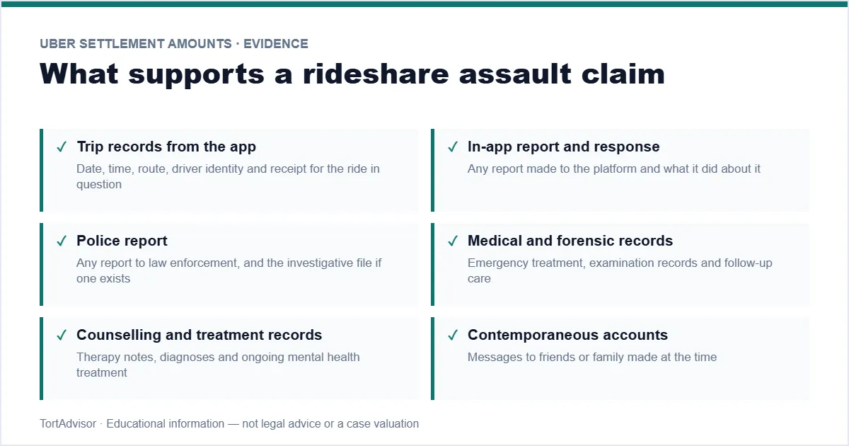 Uber Settlement Amounts 2026 6 Uber settlement amounts evidence checklist — trip records, reports and treatment documentation
