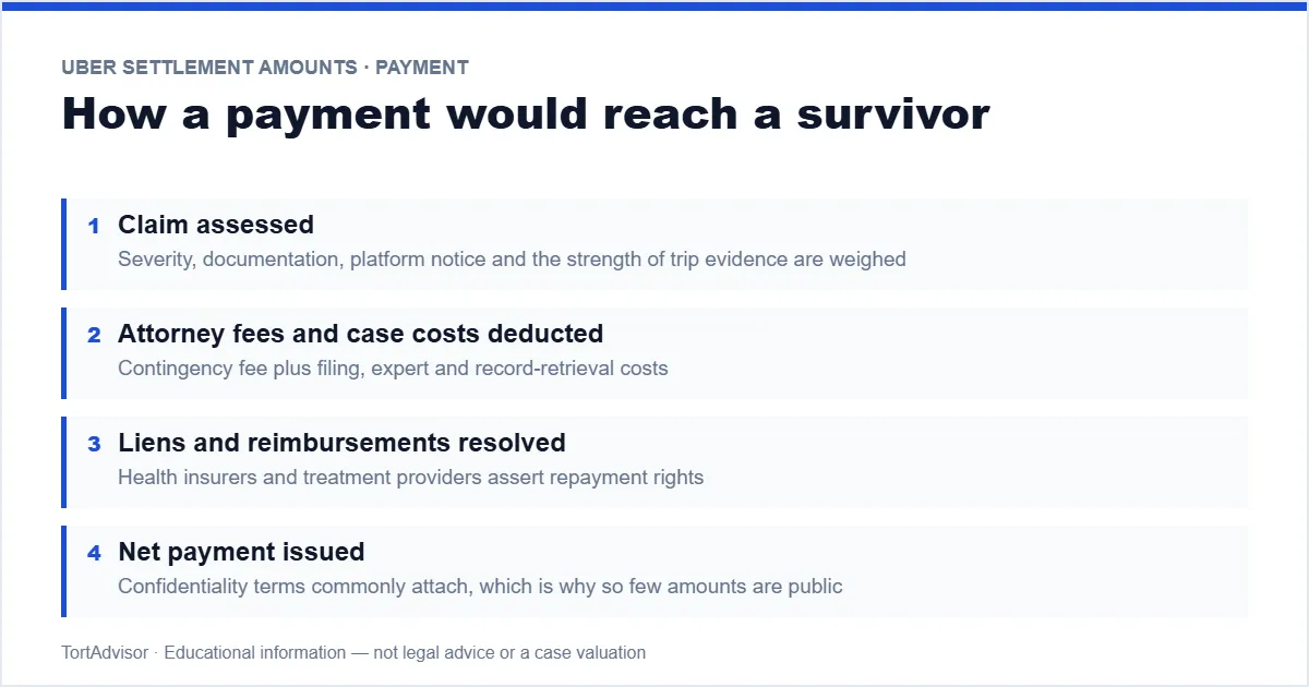 Uber Settlement Amounts 2026 5 How a rideshare assault settlement payment reaches a claimant — allocation, fees, liens, net
