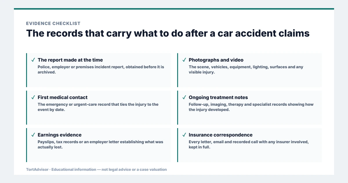 Evidence used in what to do after a car accident claims, from the primary record through medical documentation to regulatory data