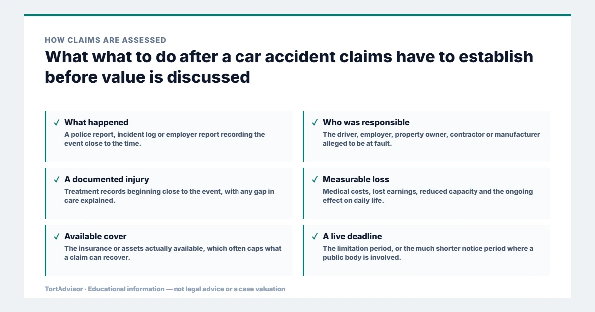 What what to do after a car accident claims must establish before value is discussed, from the product or conduct through causation to the filing window