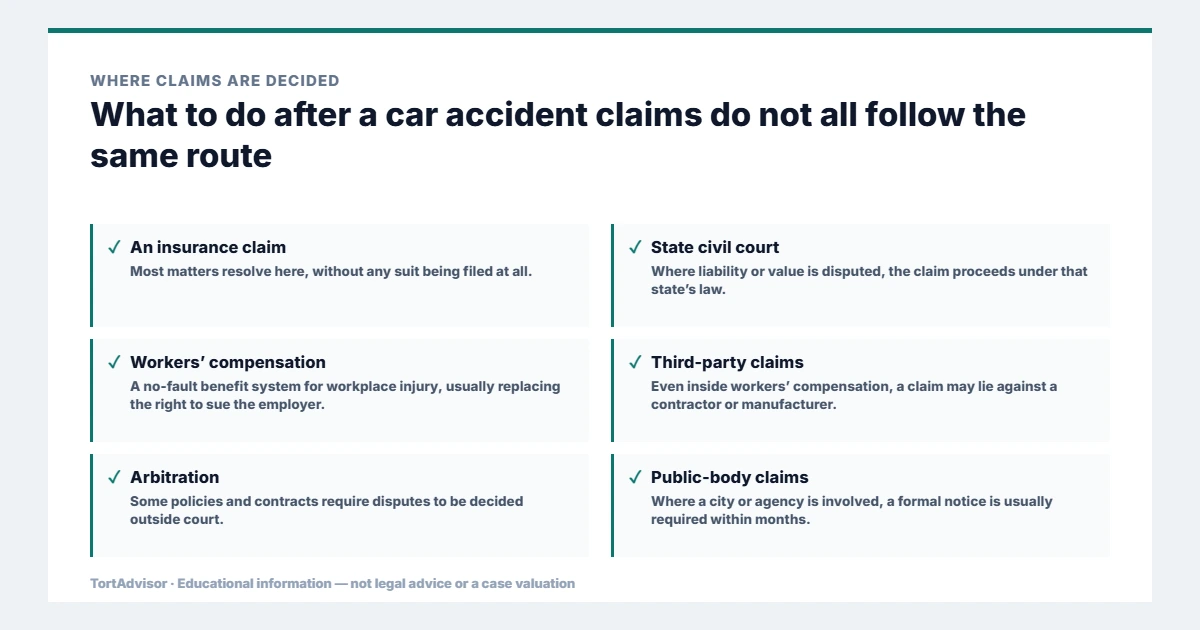 Where what to do after a car accident claims are decided, across federal, state, benefit and settlement routes