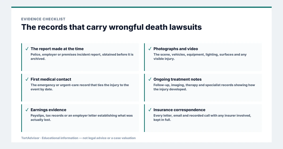 Wrongful Death Lawsuit (MVA) 2026: Compensation Guide & Case Review 4 Evidence used in wrongful death lawsuits, from the primary record through medical documentation to regulatory data
