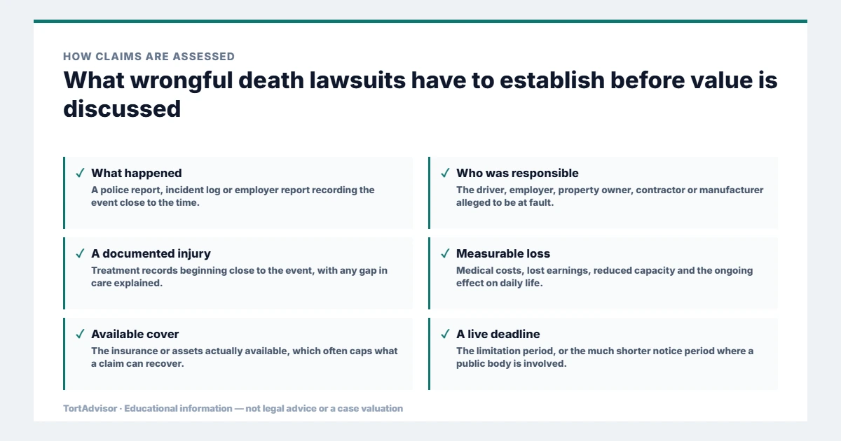 Wrongful Death Lawsuit (MVA) 2026: Compensation Guide & Case Review 3 What wrongful death lawsuits must establish before value is discussed, from the product or conduct through causation to the filing window