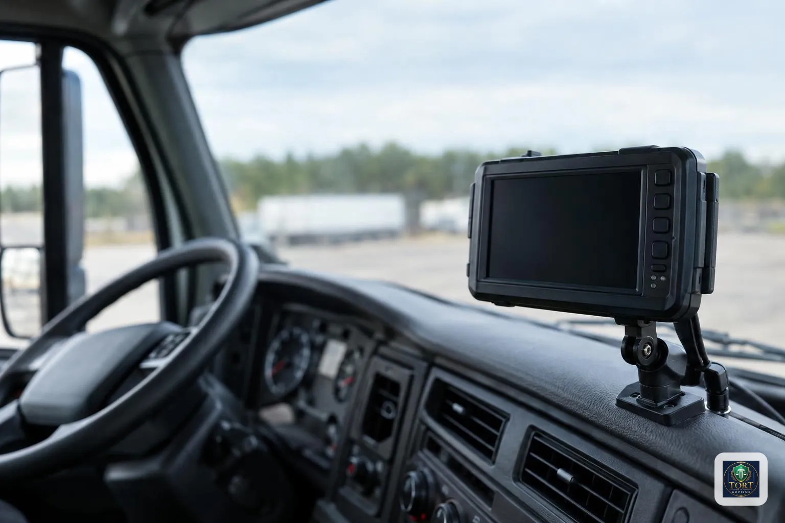 Mounted electronic logging device inside a parked truck cab for an ELD versus ECM comparison