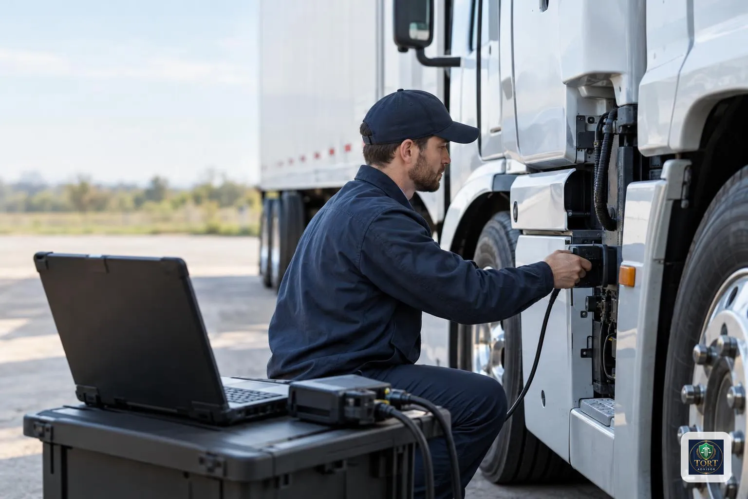Technician connecting diagnostic equipment for truck black box data retrieval