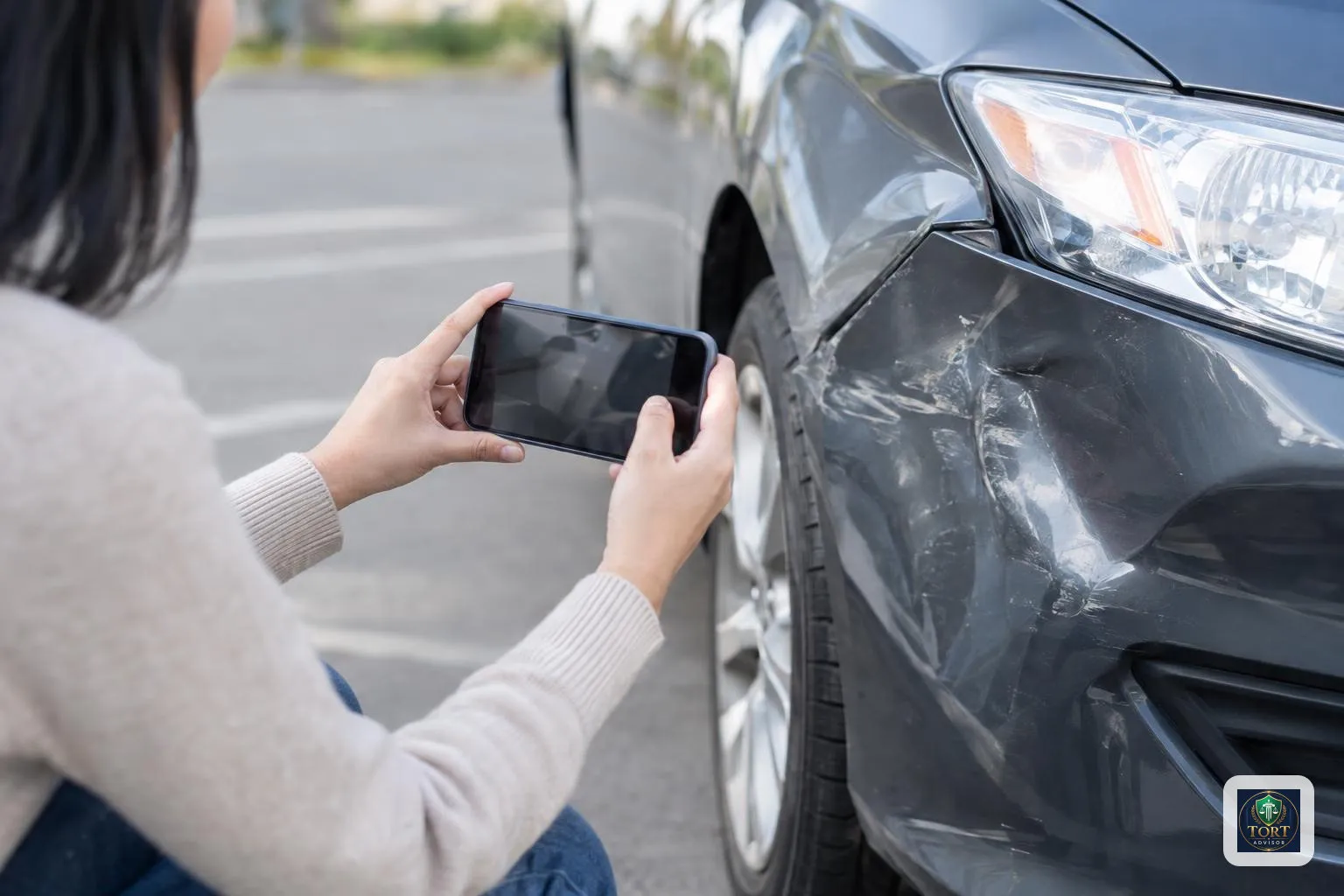 Car Accident Checklist: Photos, Records and Claim Prep 2 Driver captures vehicle damage for a car accident photo checklist
