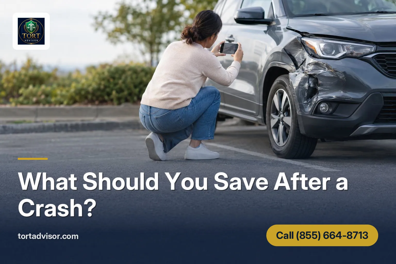 Car accident checklist: What Should You Save After a Crash? Driver photographs a damaged parked car for a car accident checklist