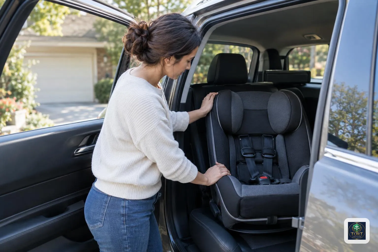 Car Accident Checklist: Photos, Records and Claim Prep 3 Parent checks a child car seat after a crash