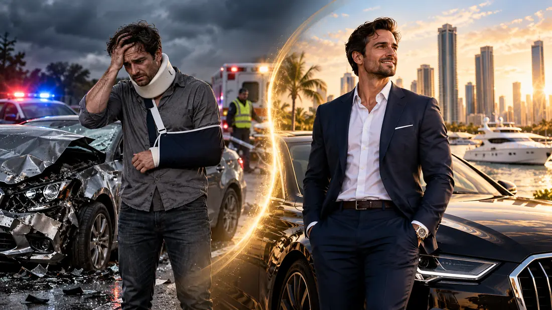 Dramatization: an injured driver in a neck brace at a crash scene, and the same man later in a suit by the water