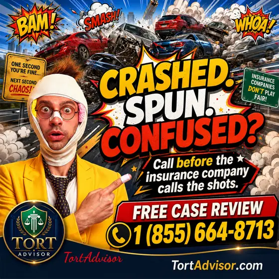 Comic poster: Crashed. Spun. Confused? Call before the insurance company calls the shots. Free case review, 1 (855) 664-8713