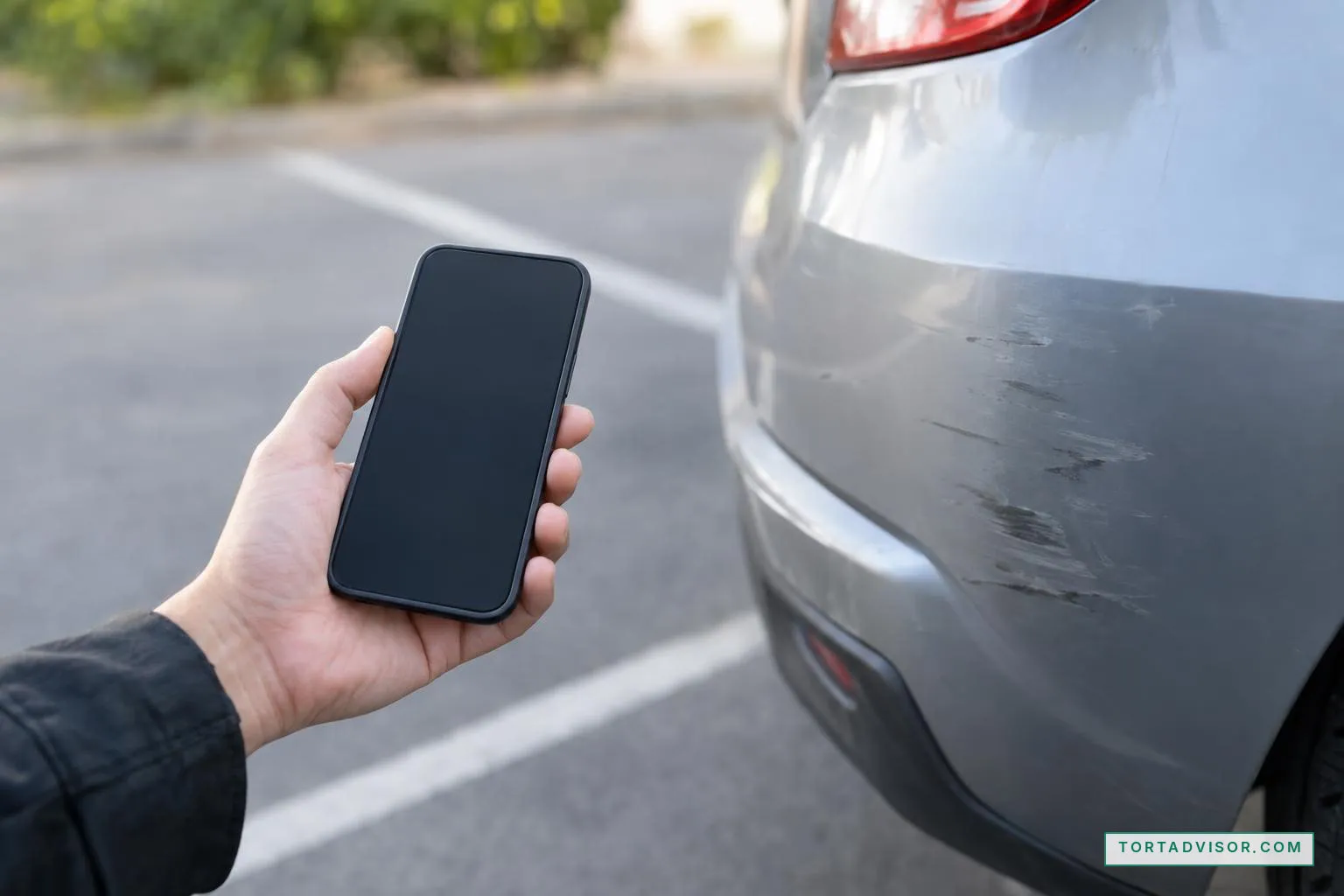Phone beside a lightly scuffed bumper while organizing records for a hit and run injury claim