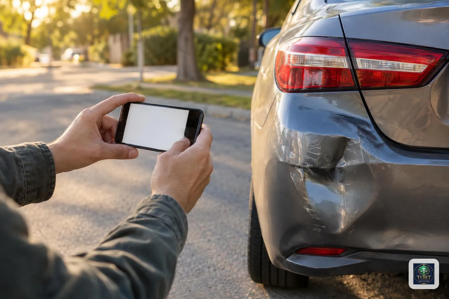 Falla comparativa en choques: cómo su culpa reduce el pago 3 Persona fotografía el daño de un auto tras un choque para documentar el porcentaje de culpa en el accidente