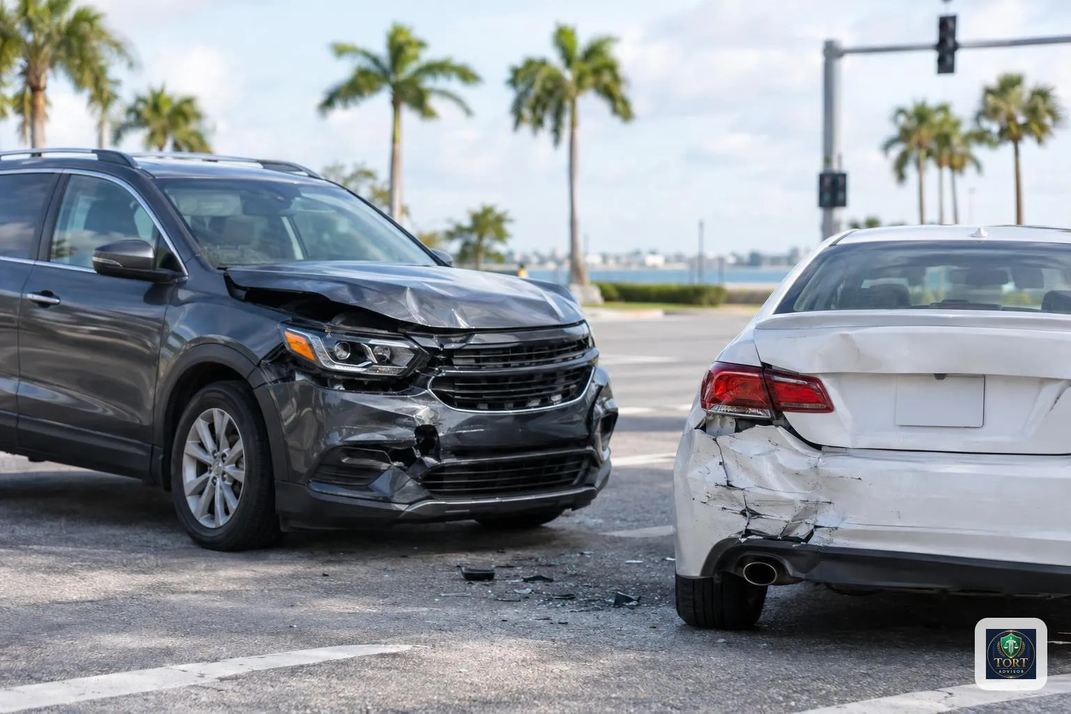 Florida Car Accident Lawsuit: Fault and HB 837 Deadlines 2 Two damaged vehicles at a Florida intersection, illustrating Florida comparative negligence