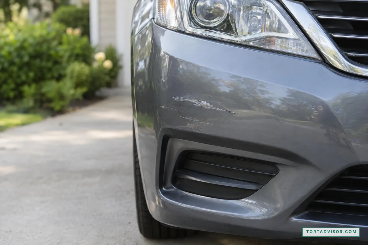 Close-up of a lightly scraped car bumper for the discussion of traffic violations and car accident fault