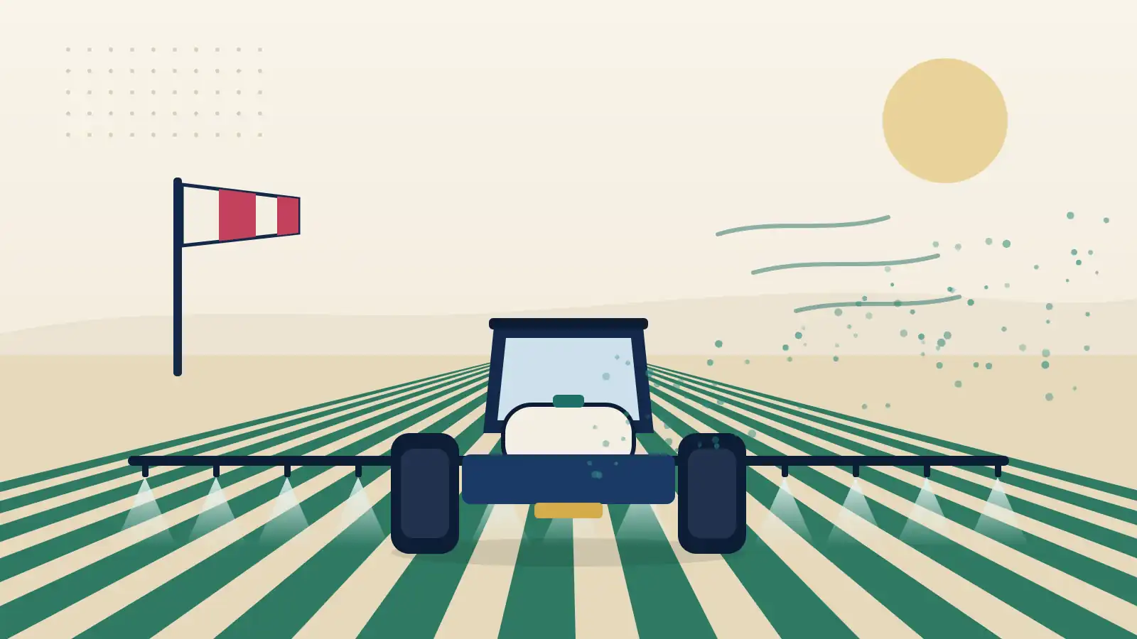 Paraquat exposure illustration: a tractor with a boom sprayer treats a crop field as spray drift blows downwind past a windsock