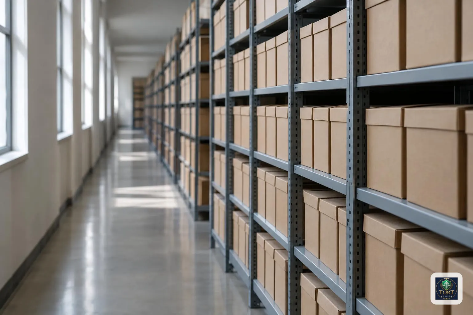 Privacidad de registros militares en demandas por lesiones 2 Pasillo de archivo con cajas sin rotular que representa dónde se guarda el expediente militar en una demanda por lesiones