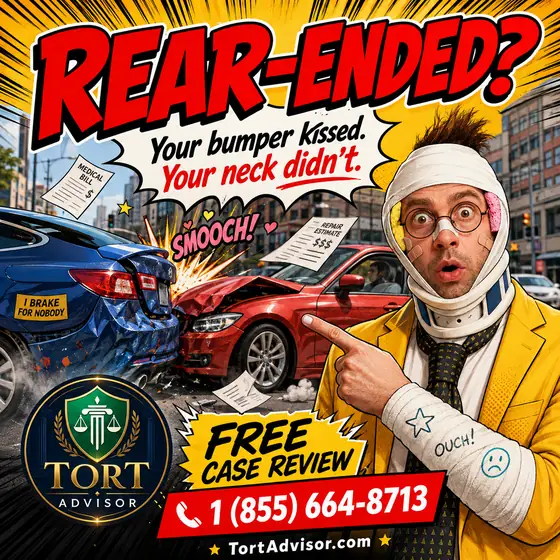 Comic poster: Rear-ended? Your bumper kissed. Your neck didn’t. Free case review, call 1 (855) 664-8713
