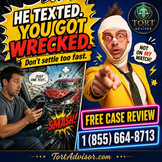 Comic poster: He texted. You got wrecked. Don’t settle too fast. Free case review, call 1 (855) 664-8713