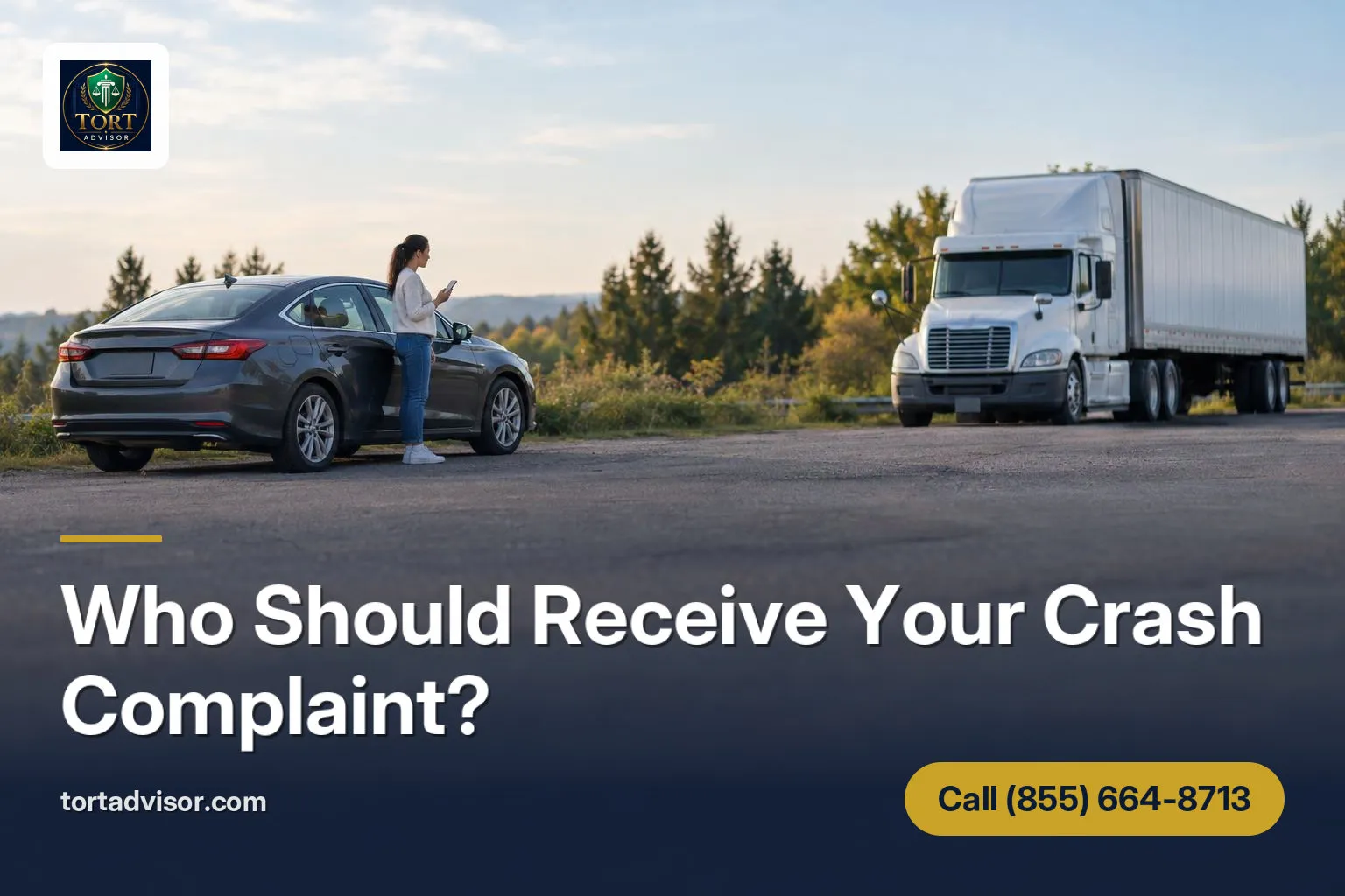 Motorist beside a stopped car and truck considering where to file a truck accident complaint