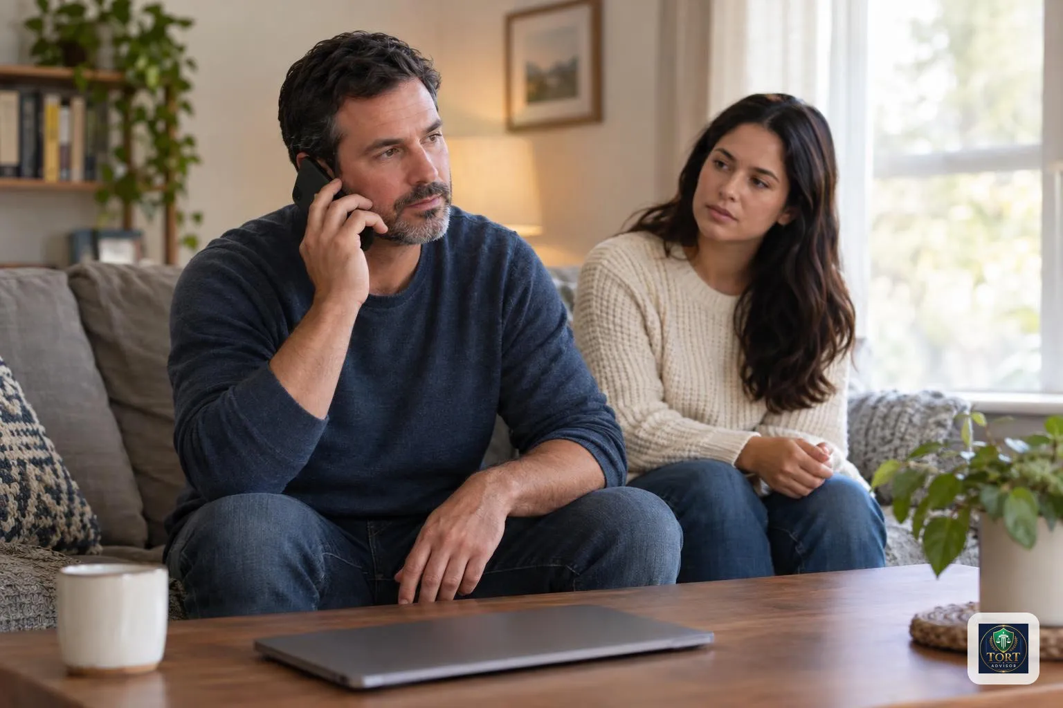 Motorist discussing a truck accident insurance complaint by phone at home