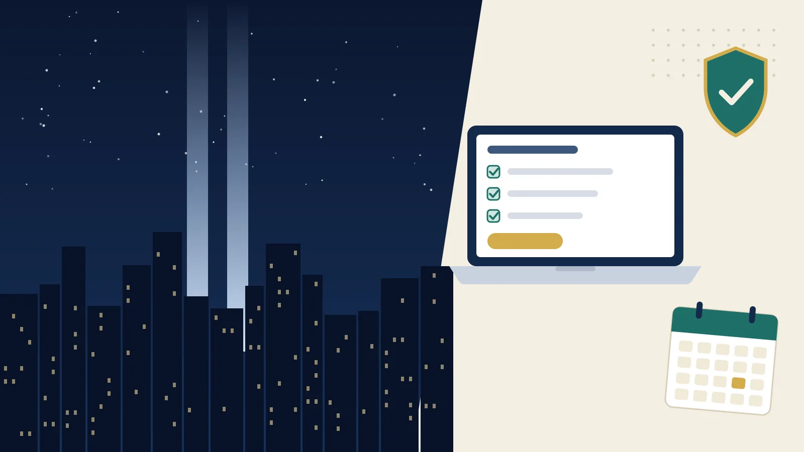 VCF registration illustration: an online registration form on a laptop and a calendar beside a night skyline with two beams of light