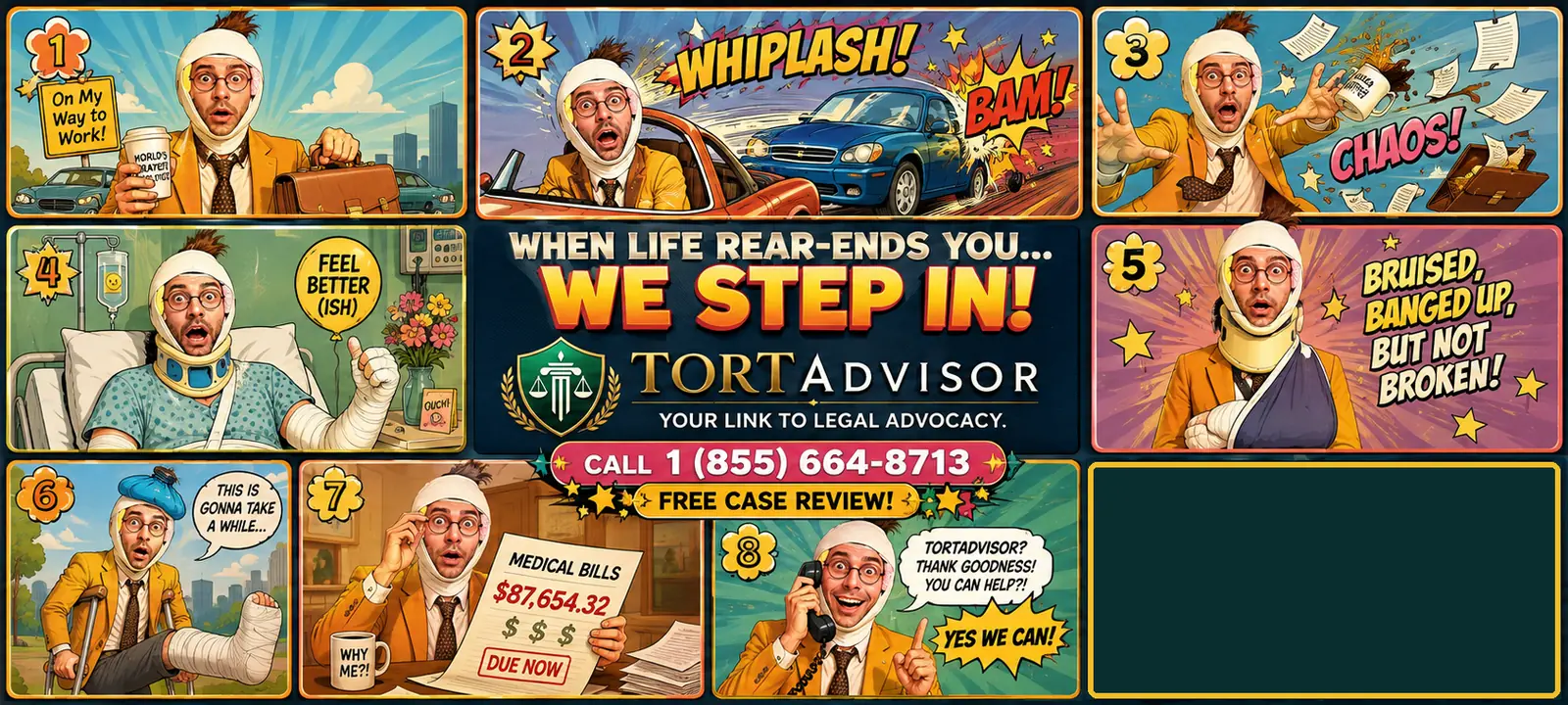 Nine-panel comic: a commuter is rear-ended, hurt, hospitalized and buried in medical bills, then calls TortAdvisor for a free accident case review