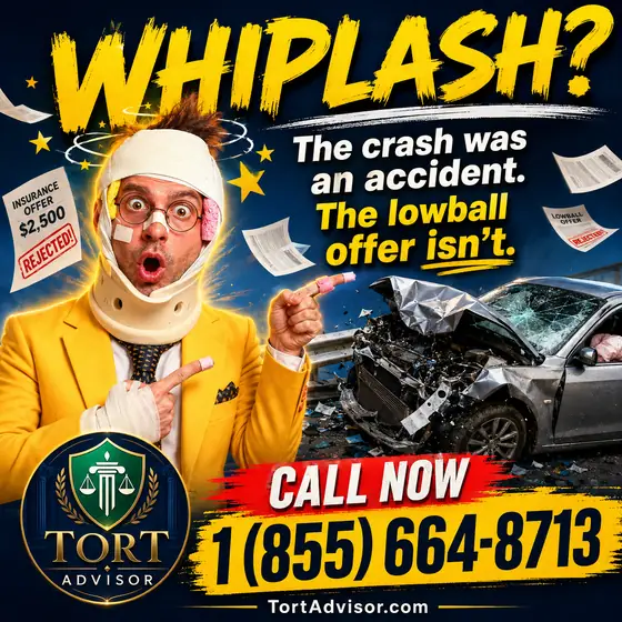 Comic poster: Whiplash? The crash was an accident. The lowball offer isn’t. Call now, 1 (855) 664-8713