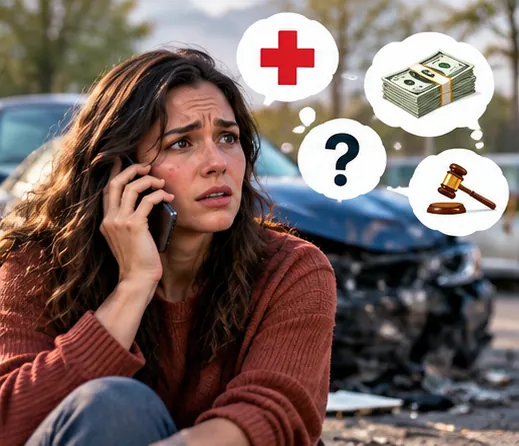 Dramatization: a worried driver on the phone beside her wrecked car